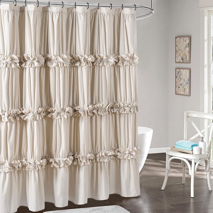 Camel Ruffle Shower Curtain, Vintage Handcrafted Bow Tie Bath Curtain for Master Bathroom, Ruched Microfiber Bathroom Curtain with 12 Buttonholes, 72" W x 84" H (LQ-10) | Vintage Handcrafted Bow Tie Bath Curtain for Master Bathroom, Ruched Microfiber B...