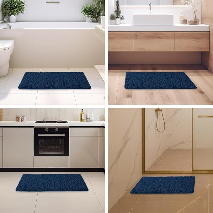 Navy Blue Bathroom Rugs – Absorbent and Washable Bath Mat, Non-Slip, Thick Soft Chenille Bath Rugs for Bathroom Floor, Shower, Sink - 20" x 32"