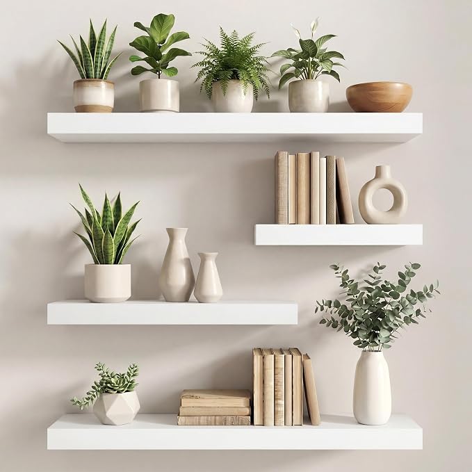 30 in Floating Shelves for Wall Decor Color White,Pack 2 | Modern floating shelves for living room,bedroom,kitchen and bath.Organize & display books,photos and decor.easy mount,sturdy.