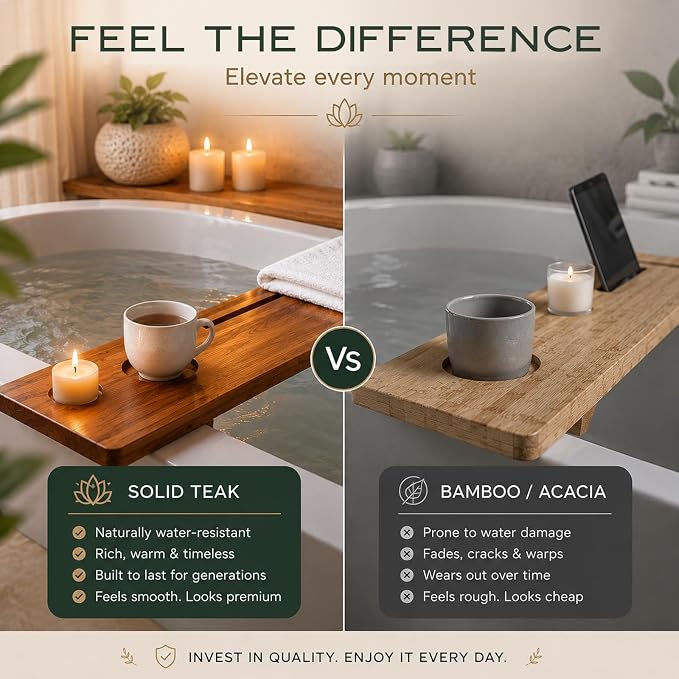 Grand Fjord 35" Luxury Teak Bathtub Tray for Large Tubs | Bath tub tray wood for freestanding tubs, bathtub trays for tub, bath tray for tub, bath table tray, soaking, home spa