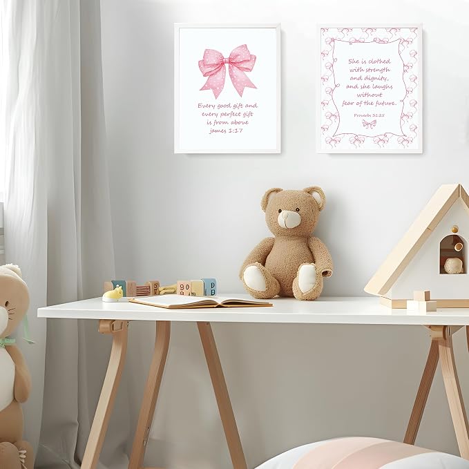 LARTSFRO Coquette Pink Bow Jesus Wall Art Decor Posters, Light Pink Bow Christian Room Bedroom Bathroom Dorm Wall Art Decor Aesthetic for Teen Girls College Gifts, Inspirational Bible Verses Bow Wall Decor, 12x16 Inch Set of 4 Bow Pictures (UNFRAMED)