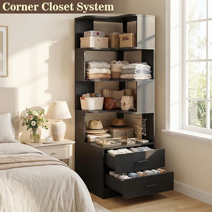 Corner Book Shelf with Drawers, Small Corner Shelf with Drawers | L Shaped BookShelf 6-tier Bookcase for Bedroom Storage, Living Room, Home Office, Kitchen Pantry, Black