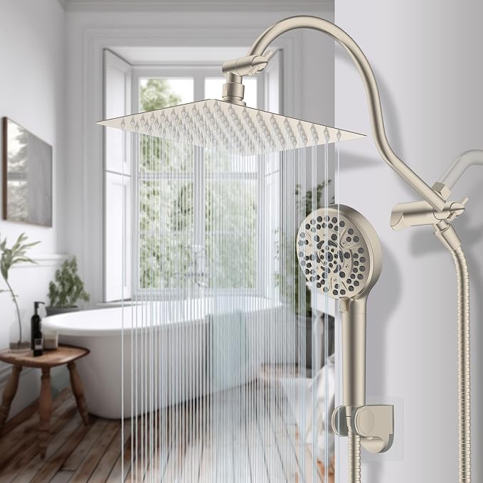 Hibbent All Metal CUPC Certified Shower Head, 8'' High Pressure Rainfall Shower Head, Handheld Showerhead Combo, 12'' Adjustable Extension Arm, 10 Sprays, 71'' Hose, Showerhead Holder, Brushed Nickel