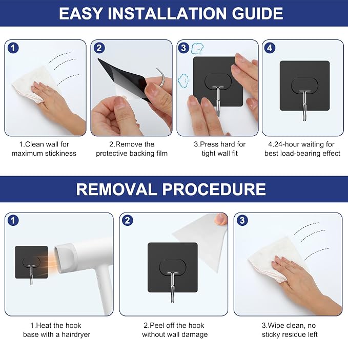 Adhesive Wall Hooks No Drill Large Black Heavy Duty,13LB Sticky 12 Pack | Large Waterproof Black Sticky Hooks for Hanging,13lbs Max Load No Damage, Ideal for Towel,Coat,Bathroom,Kitchen,Home
