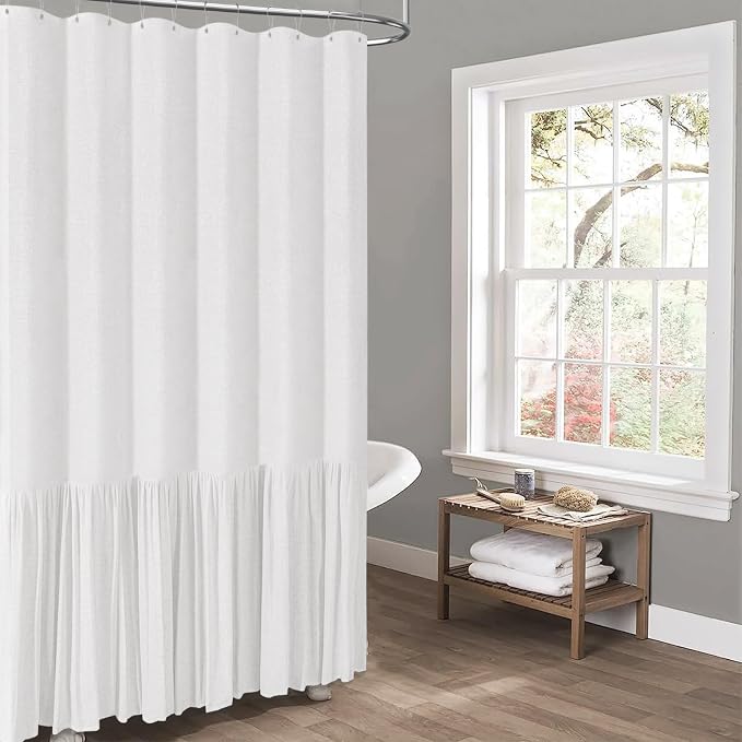 Extra Long Linen Ruffle Farmhouse Cloth Shower Curtain, 72x84, White | Ruffle Hem, Heavy Duty Fabric, 12 Hooks, Elegant Drape, Shabby Chic Style, Bathroom Decor, Machine Washable, Easy To Install