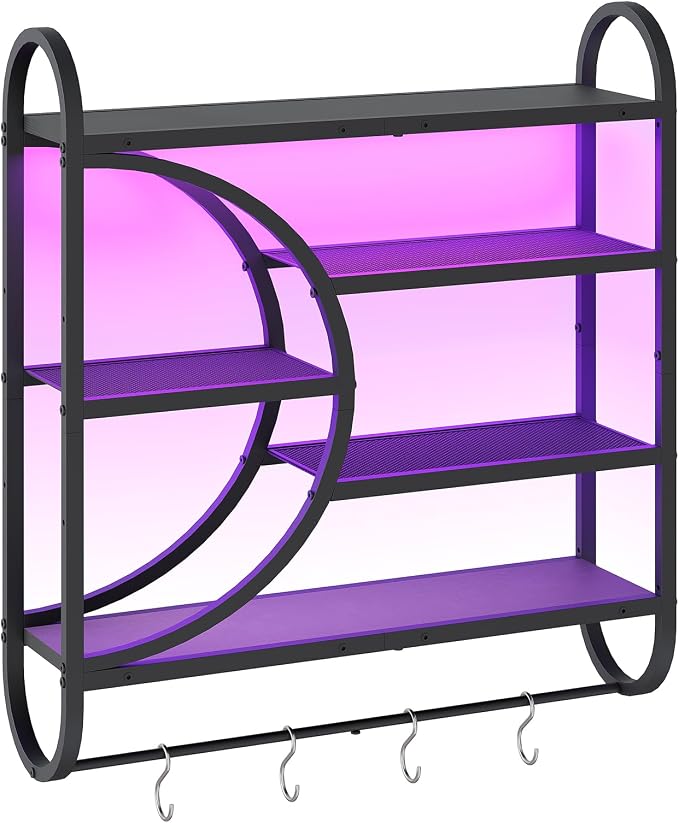 HOOBRO Gaming Floating Shelves with LED Lights, 28.9" LED Wall Mounted Shelf, 5-Tier Display Rack for Wall Storage, Floating Rack with Hanging Rod and 4 S-Hooks, for Game Room, Black BB50DBJ01