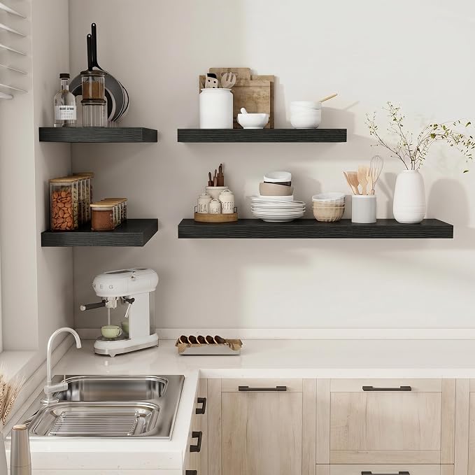 Vivelove Deep Floating Shelves 40x12” Set of 2, Black | Easy Install With Hardware, 2" Thick, Invisible Brackets, Wall Mounted, No Sagging, For Any Room