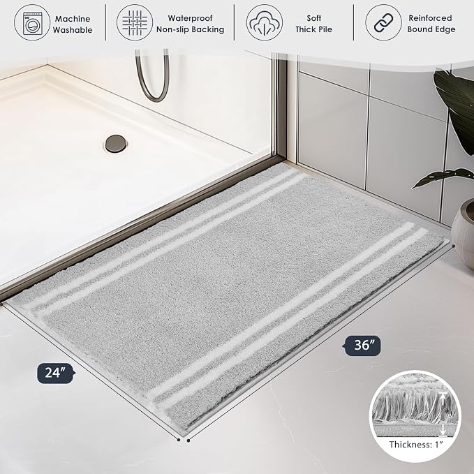 PURRUGS Bathroom Rug, Bath Mat, 24" x 36", Light Grey | Machine Washable, Non-Slip, Waterproof TPR Backing, Super Absorbent, Quick Dry, Bath Rug for Shower, Bathtub, and Sink