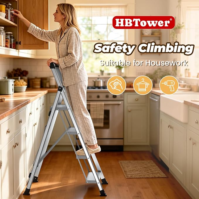 HBTower 4 Step Ladder, Lightweight Aluminum Folding Step Stool | Anti-Slip Wide Pedal, 330lbs Capacity Step Ladder for Household Kitchen Office, Silver