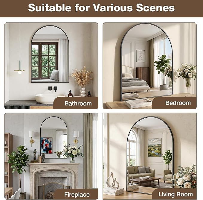 24"x36" Matte Black Arched Vanity Bathroom Mirror, Set of 2 | Aluminum Alloy Frame, Clear Reflection, Rust-Resistant, Vertical or Horizontal, Wall Mount, Bedroom and Entryway