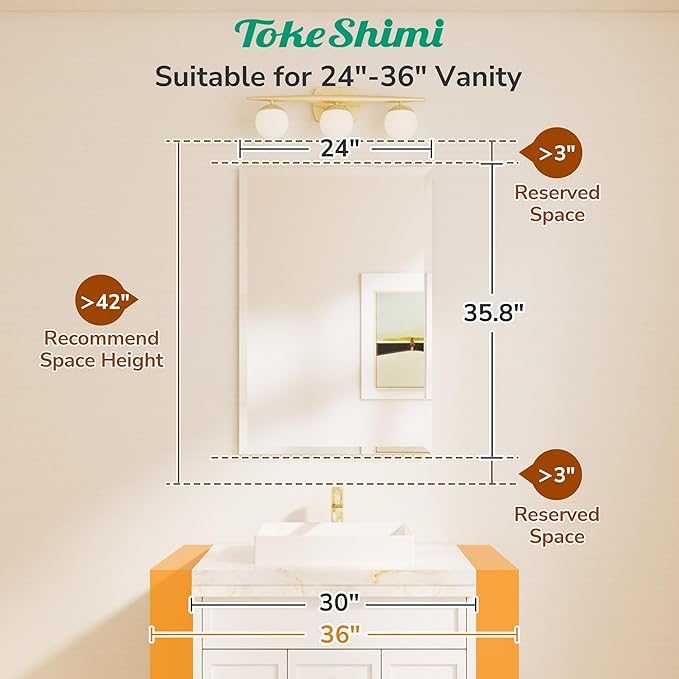 24x36 Beveled Wall Mirror Decorative, Bathroom Vanity Mirrored with 1" Beveled Edge, Shatterproof Modern Frameless Mirror Bathroom Rectangle for Living Room, Entryway, Restroom