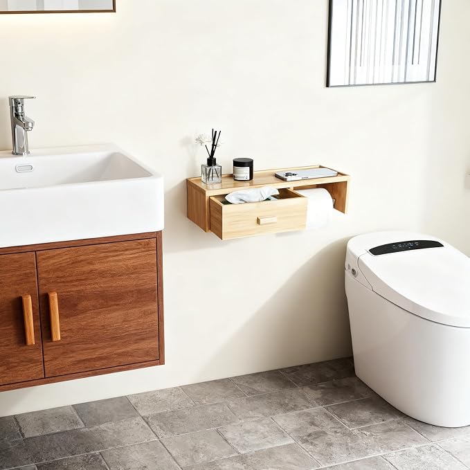 Bamboo Toilet Paper Holder with Shelf,Wall Mount Bathroom Holder with Wet Wipes Storage Drawer(Natural)