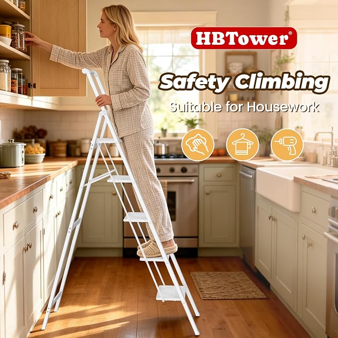 HBTower 5 Step Ladder, Lightweight Aluminum Folding Step Stool | Anti-Slip Wide Pedal, 330lbs Capacity Step Ladder for Household Kitchen Office, White