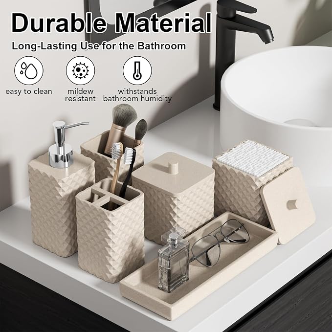 Bathroom Accessories Set Resin 6PCS, Square Toothbrush Holders Set Complete with Soap Dispenser, Vanity Tray, Tumbler, Cups and Cotton Swab Jars (Beige Diamond, Resin Bath 6 PCS)
