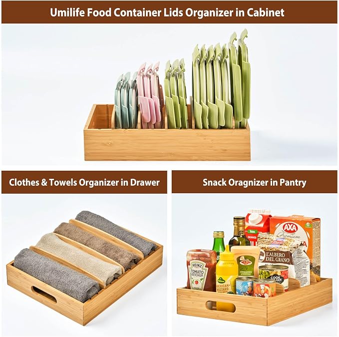 Large Bamboo Food Container Lid Organizer for Kitchen Cabinet | Adjustable slots - Premium bamboo, pretty color - Sturdy versatile caddy for snack, spice in drawer - Anti-Skid Silicone Pads