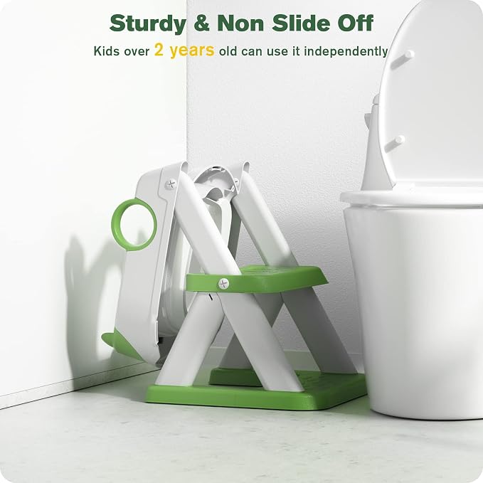 Potty Training Seat, Upgrade Toddler Toilet Seat for Kids Boys Girls, 2 in 1 Potty Training Toilet, Splash Guard Anti-Slip Pad Step Stool(Green-Pu)