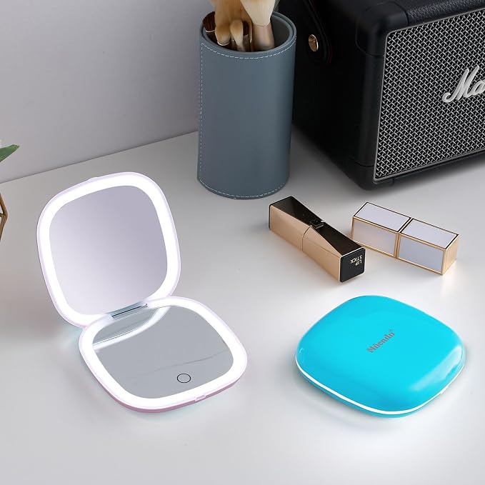 Mocado Compact Mirror with Light-4 Inches Compact 1x/10x Magnifying Mirror | Double Sides Lighted, 3 Colors Lighting, 0-100% Brightness, Diammable Touch, 1200mAh Rechargeable, For Pocket, Purse