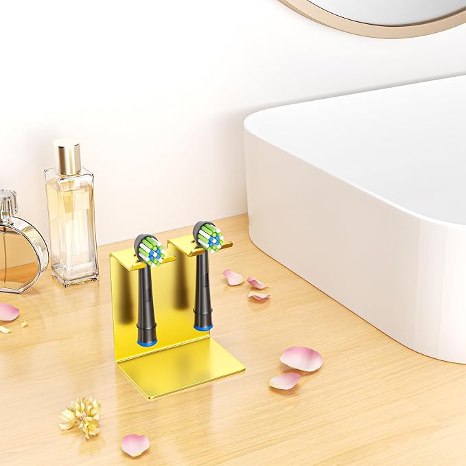 Electric Toothbrush Head Holder, Tooth Brushing Holder, Wall Mounted Toothbrush Holders Shower Bathroom, Self Adhesive or Desktop Tooth Brush Holder Organiser (Gold, Small)