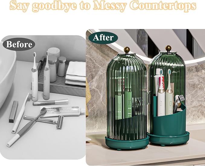 Drainable Toothbrush Toothpaste Holders with Cover, Green | Drainage Holes, Waterproof and Dustproof, 360° Rotating Base, Sliding Door, for Bathroom Counter