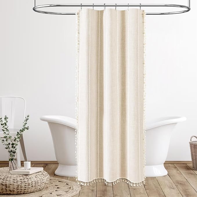 Small Boho Linen Heavy Duty Cloth Shower Curtain, 36x72, Cream/Beige | Stall Size, 330GSM Linen Blend, Water Repellent, Vintage Striped Fabric, 6 Plastic Hooks, Rustic Country, Machine Washable