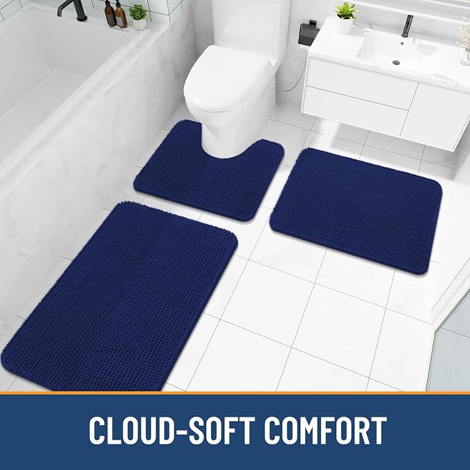 Arotive Chenille Bathroom Rugs 47x24, Soft Absorbent Bath Mat, Navy | Rubber Backing, Machine Washable Dry Bath Mats for Bathroom Floor, Tub and Shower, Home Decor Accessories