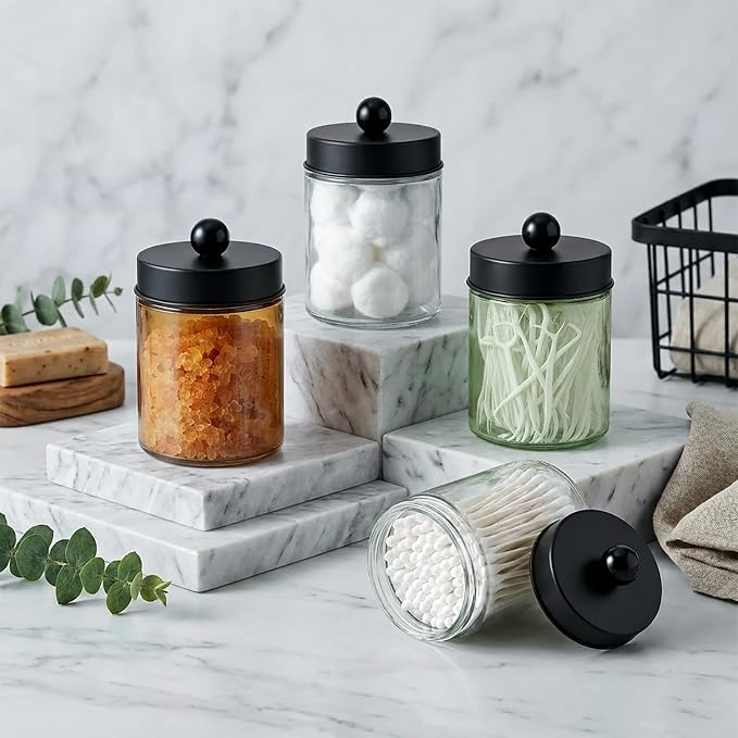 Amolliar Green Glass Apothecary Jar Qtip Holder Metal Lids 4pc/Green-black | Bathroom Decor Countertop Vanity Storage Organizer Set for q tip holder,Cotton Swabs/Rounds,Makeup Sponges,Cute Stickers