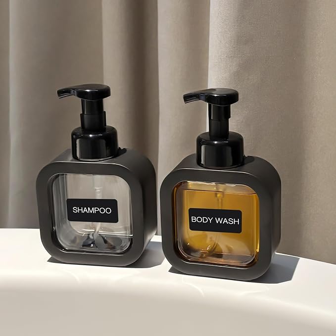 Foaming Soap Dispenser, 2 Pack 300ml (10oz) Plastic Refillable Foaming Hand Soap Dispenser with 16 Pcs Waterproof Labels, Foam Pump Bottle for Bathroom and Kitchen (White)