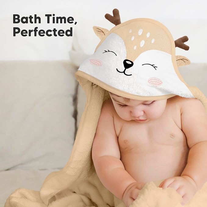 KeaBabies Hooded Baby Towel for Newborn, Baby Bath Towels (Deer, 35x35) | Viscose Derived from Bamboo, Large Baby Towels with Hood, Boys, Girls, Toddler, Soft Absorbent Baby Bath Essentials
