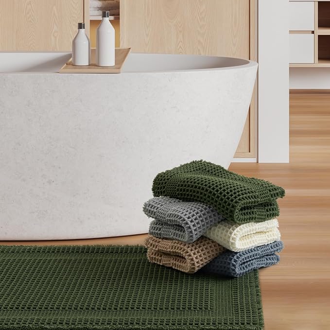 AMOAMI Waffle Bath-Mat, Absorbent Bath Mats for Bathroom Non Slip, Machine Washable Bathroom Rugs with Tassels Ultra Soft Boho Bath Rugs for Floor 17"x24" Dark Green