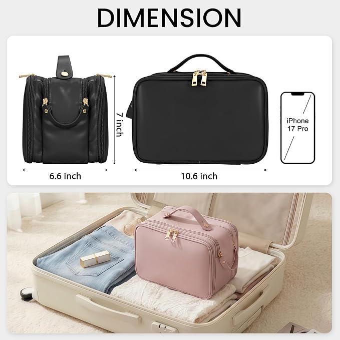 HauteHues Travel Makeup Bag Women's Large Capacity Cosmetic Portable Organizer Large Opening Waterproof Storage Toiletry Bags Vertical Free-Standing Brush Holder for Easy Access Black