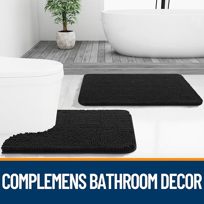 OLANLY Bathroom Rugs 32x20, Extra Soft Absorbent Chenille Bath Rugs | Black, Quick-Drying Rubber Backing, Machine Washable Bath Mat for Bathroom Floor, Tub and Shower, Home Decor Accessories