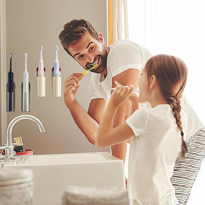 4 Pack Electric Toothbrush Holders for Bathroom, Wall Mounted Clear Electric Toothbrush Organizer, Self Adhesive Bathrooms Toothbrush Storage for Shower, Saving Space and Keep Drying (Cream)