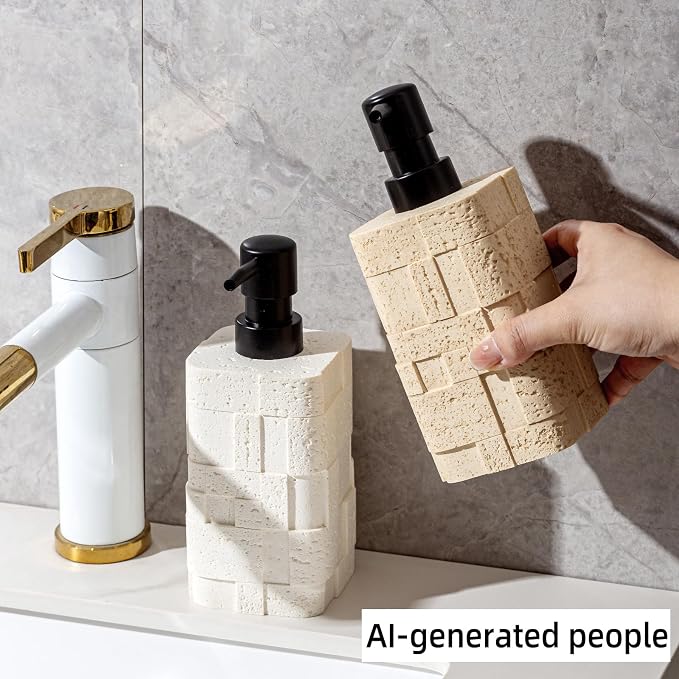 Soap Dispensers,2 PCS,13.53 OZ,Luxurious Faux Travertine,Cream | Modern,Hand Dish Lotion Shampoo and Conditioner Dispenser,Empty Bottle,No Leak Rustproof Pump for Bathroom Countertop Kitchen