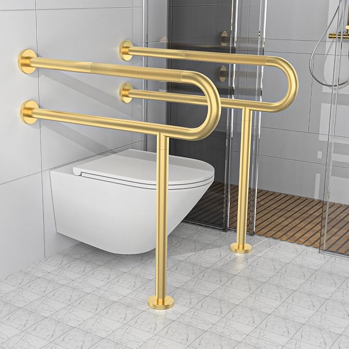 Toilet Support Rail 32 Inch, Munzong Anti-Slip Gold Handicap Grab Handrail | Bathroom Stainless Steel Floor Rails Knurled Safety Handrails with Leg for Elderly Disabled Pregnant-1.25’Tube