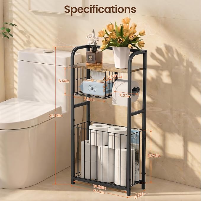 Freestanding Toilet Paper Holder Stand with Storage forSmall Bathroom Space | Holds 9 Spare Rolls, Phone, Wipes & Magazines –Large Capacity Toilet Paper Stand – Toilet Roll Dispenser and Organizer
