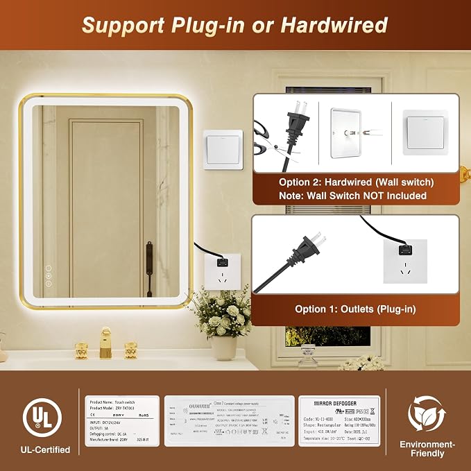 32x40 Inch LED Bathroom Mirror with Gold Frame,Front and Backlit Vanity Mirror,Tempered Glass,Stepless Dimmable Wall Mirrors with Anti-Fog, 3 Colors, Memory, Waterproof, LED Smart Bathroom Mirror