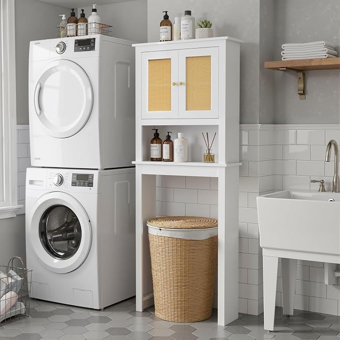 Over Toilet Storage Cabinet with Barn Door & Adjustable Shelves | 24 Inch Wide Bathroom Organizer, Space-Saving, Sturdy Wood, Anti-Tipping, Easy Assembly, for Restroom, Laundry, Small Spaces