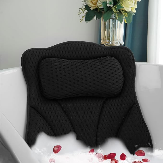Bath Pillows for Tub Head Neck Back Support, Bathtub Pillow 4D Breathable Air Mesh, Spa Relaxing Gifts for Women, Luxury Bathing Accessories with 6 Suction Cups and Hook(Black)