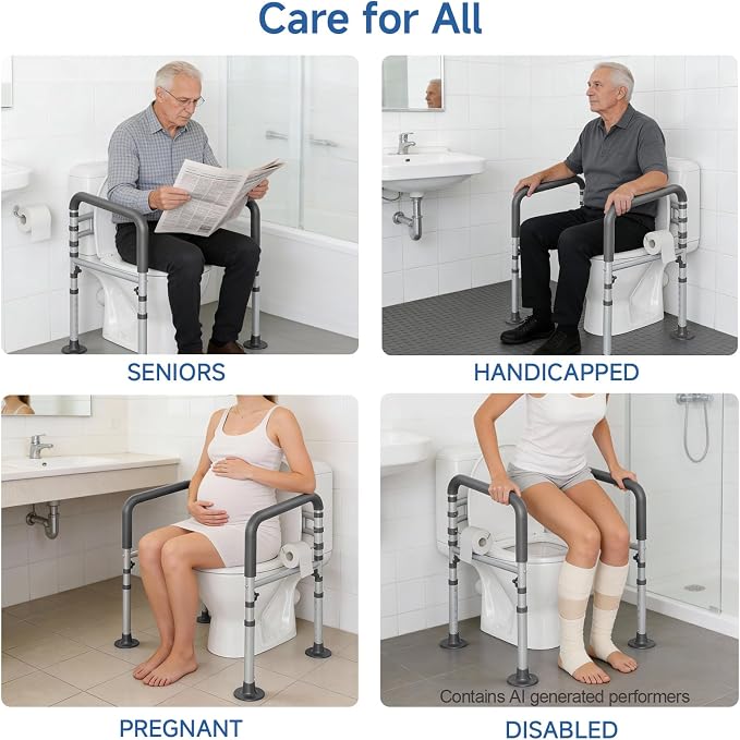 Toilet Safety Rail for Seniors, 11.7lbs Steel, Rock-Solid Stability | Height & Width Adjustable,Foldable,Padded Armrests,Wide Non-slip Foot Pads,350 lb Capacity for Pregnant Women & Disabled,Gray
