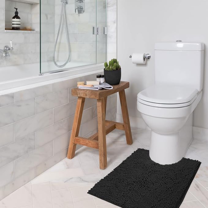 LuxUrux Black Bath Mat - U-Shaped Contoured Rug for Around Toilet, Super Absorbent Shaggy Bath Rug. Easy Machine Wash & Dry (20 x 23, Black)
