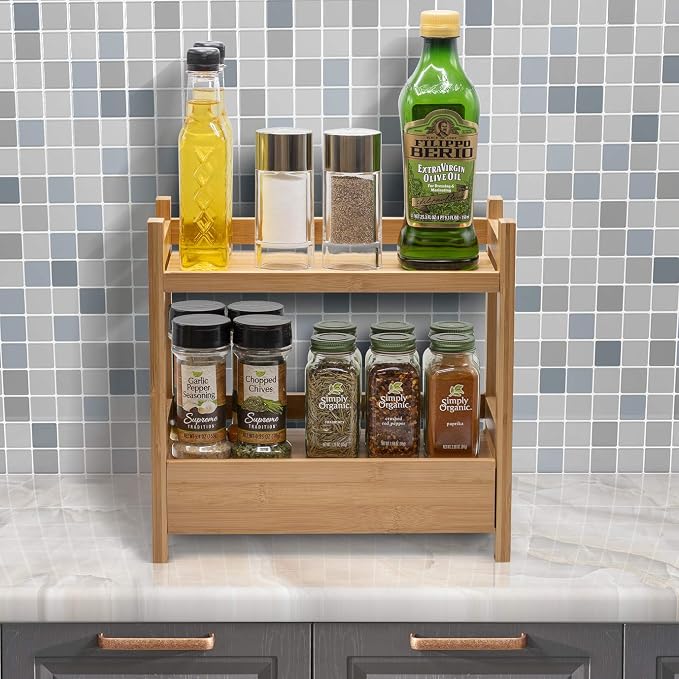 Sorbus 2-Tier Bamboo Countertop Shelf with Hidden Drawer for Vanity, Matcha Shelf, Bathroom Storage Cabinet, Under Sink Organizer, Bathroom Storage, Matcha Station Shelf (13″ L x 6.5″ W x 12.6″ H)