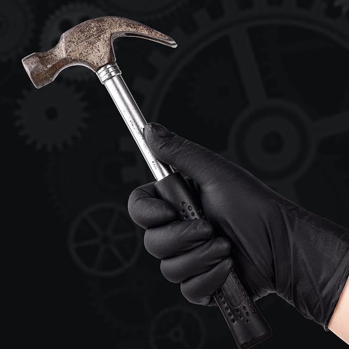 Heavy Duty Black Nitrile Gloves, 6 Mil, Fully Textured, Mechanic Disposable Gloves, Latex Free, Powder Free