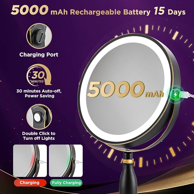 30x Magnifying Mirror with Light, Matte Black with Gold Trim | Makeup Mirror with 3 Color Light & Brightness Adjustable, 5000mAh Rechargeable Vanity Mirror, Modern Style Side Touch+Charge