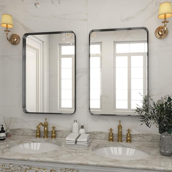 Bathroom Mirror 24x36 inch, Black Gorgeous Deep Frame Wall Mirror, Modern Round Corner Bathroom Vanity Mirror for Bedroom, Living Room, Hanging or Leaning Horizontal or Vertical, Black