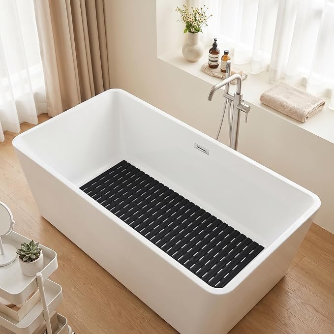 OTHWAY Non Slip Bathtub Mat, Soft TPE Black Shower Mat with Suction Cups | 36.6" x 16.9" Bath Mat for Tub Non Slip, Machine Washable Shower Floor Mat with Drain Holes