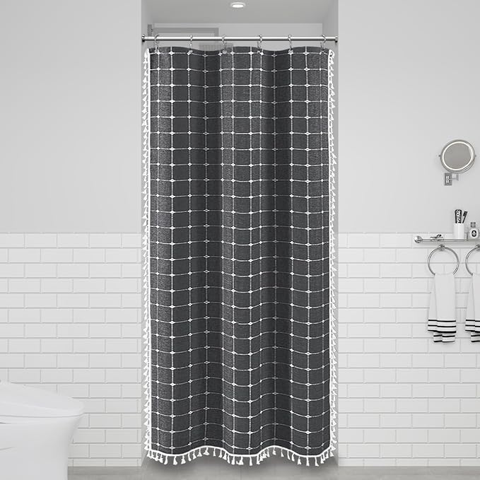 Stall Boho Farmhouse Linen Shower Curtain Set, 36x72, Charcoal Gray | Half Size, 330GSM Linen Blend, 3-side Tassels, Water Repellent Fabric, 6 Plastic Hooks, Rustic Bohemian, Machine Washable