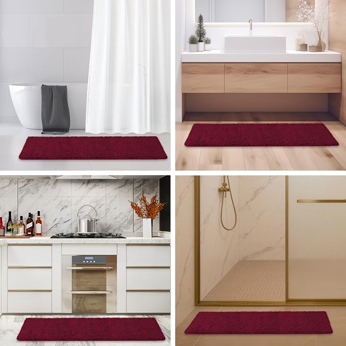 Bathroom Runner Rug 47 x 17 Inch – Long Bath Mat | Absorbent and Washable Thick Chenille Bath Rug Non-Slip Runner Rug for Bathroom, Shower, Sink(Vivid Burgundy)