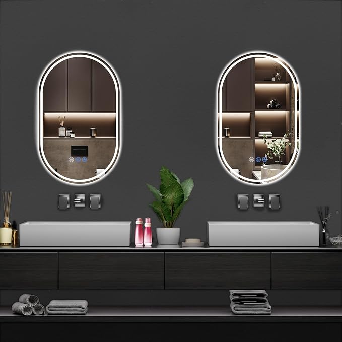 Oval LED Bathroom Mirror, 20"x 28" Frameless Lighted Mirror | LED Mirror with Front Light & Backlit, Anti-Fog, Dimmable Wall Mounted Lighted Mirror, Pill-Shaped Smart Bathroom Mirror