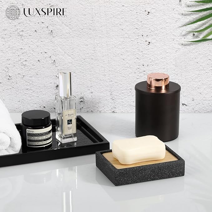 Luxspire Square Soap Dish, Bamboo Resin Drainage Holder, Black | Resin soap holder with wooden texture, Keeps soap dry in shower, bathroom, or kitchen, Simple and functional design