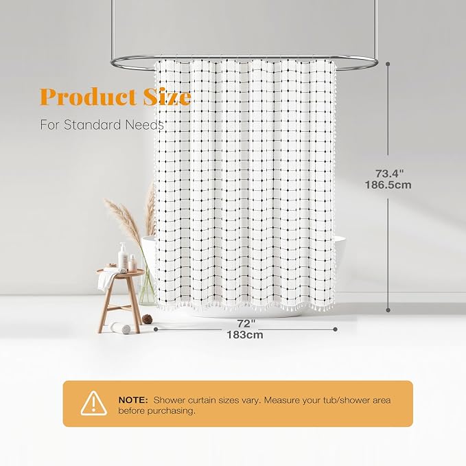 White and Black Boho Farmhouse Linen Heavy Duty Shower Curtain, 72x72 | 330GSM Linen Blend, Classic Plaid, 3-side Tassels, Water Repellent Fabric, 12 Plastic Hook, Rustic Bohemian, Machine Washable